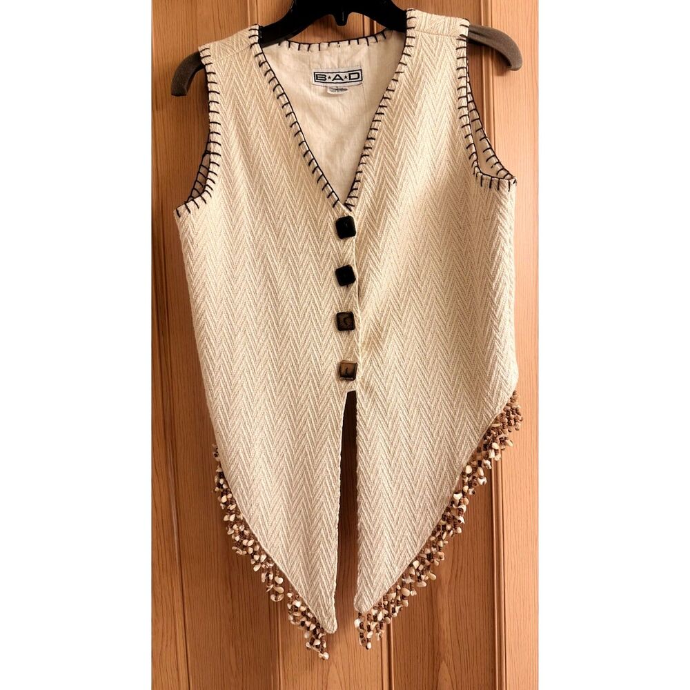 B.A.D Vintage Chevron-Knit Western Bohemian Festival Asymmetrical Beaded Vest S